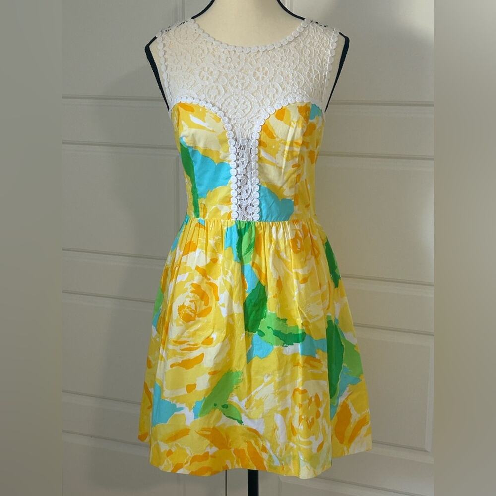 Lilly Pulitzer vintage first impressions floral Lace yellow white mini dress 0